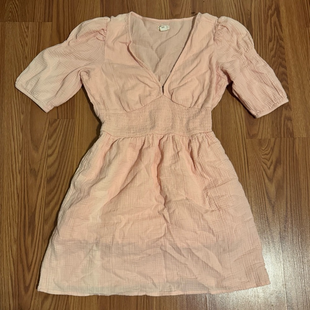 Billabong Pink Puff‎ Sleeve V-Neck Mini Dress S/M Lagenlook Beach Nautical